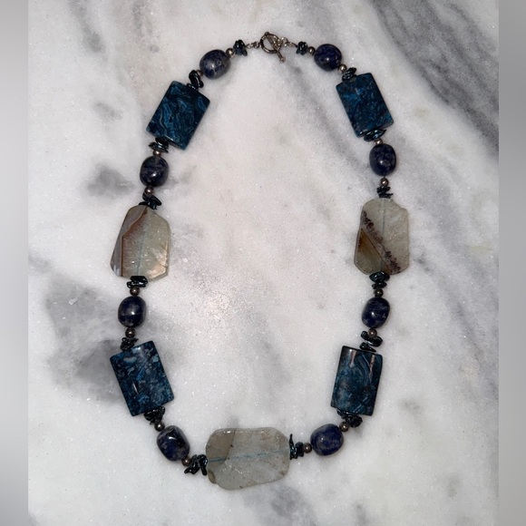 Stone Necklace 22” in Length. Blue Lapis and Neutral / taupe Stone - Picture 1 of 5
